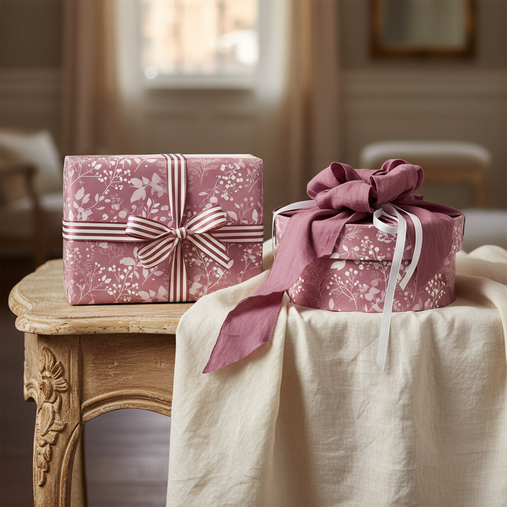 Elegant mauve floral wrapping paper on gifts tied with ribbon on a draped table.