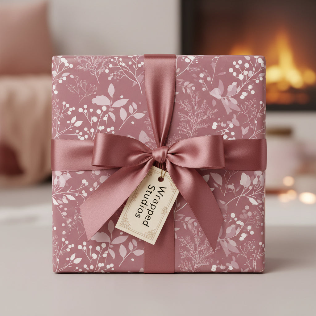 Mauve floral wrapping paper with ribbon bow on square gift box, perfect for elegant birthday presents.