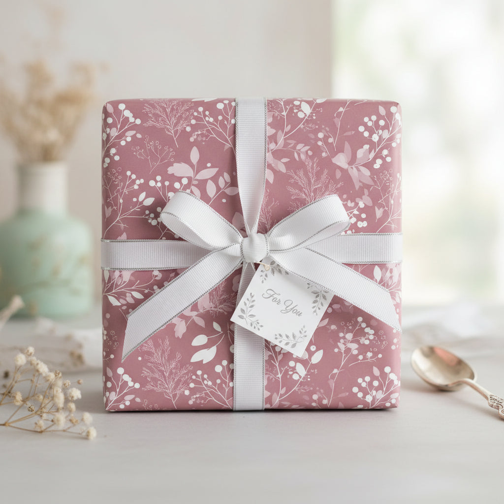 Mauve floral wrapping paper on a square gift box with white ribbon and a "For You" tag.