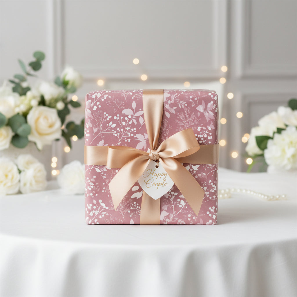 Elegant gift wrapped in mauve floral wrapping paper with gold ribbon, perfect for wedding.