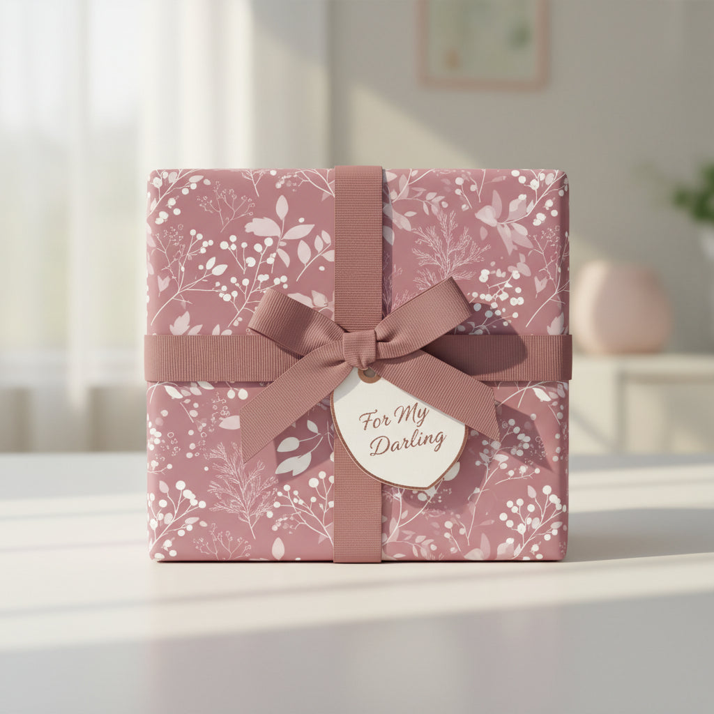 Mauve floral wrapping paper with matching ribbon and "For My Darling" tag.