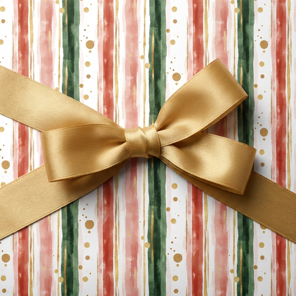 Elegant Christmas gift wrap with gold ribbon, featuring watercolor red and green stripes, Wrapped Studios.
