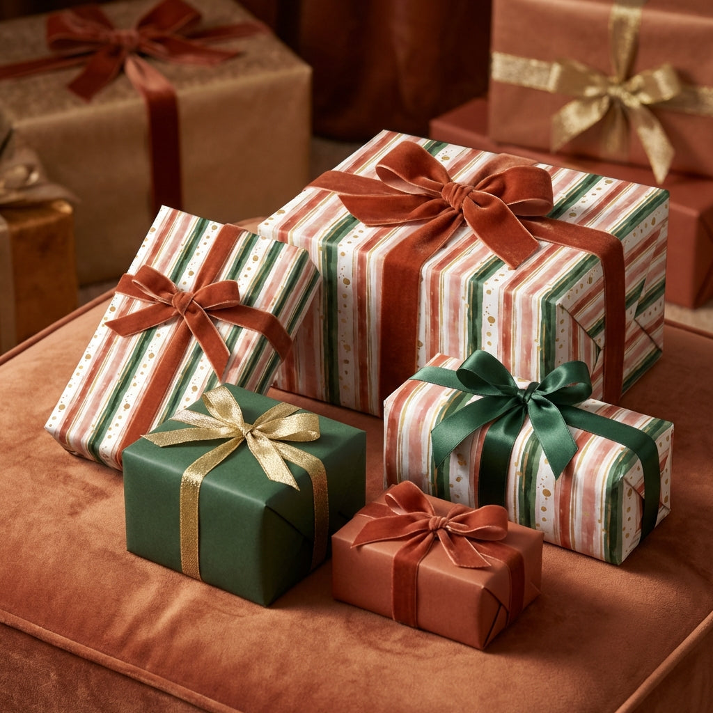 Elegant Christmas gifts in watercolor striped wrapping paper with velvet bows.
