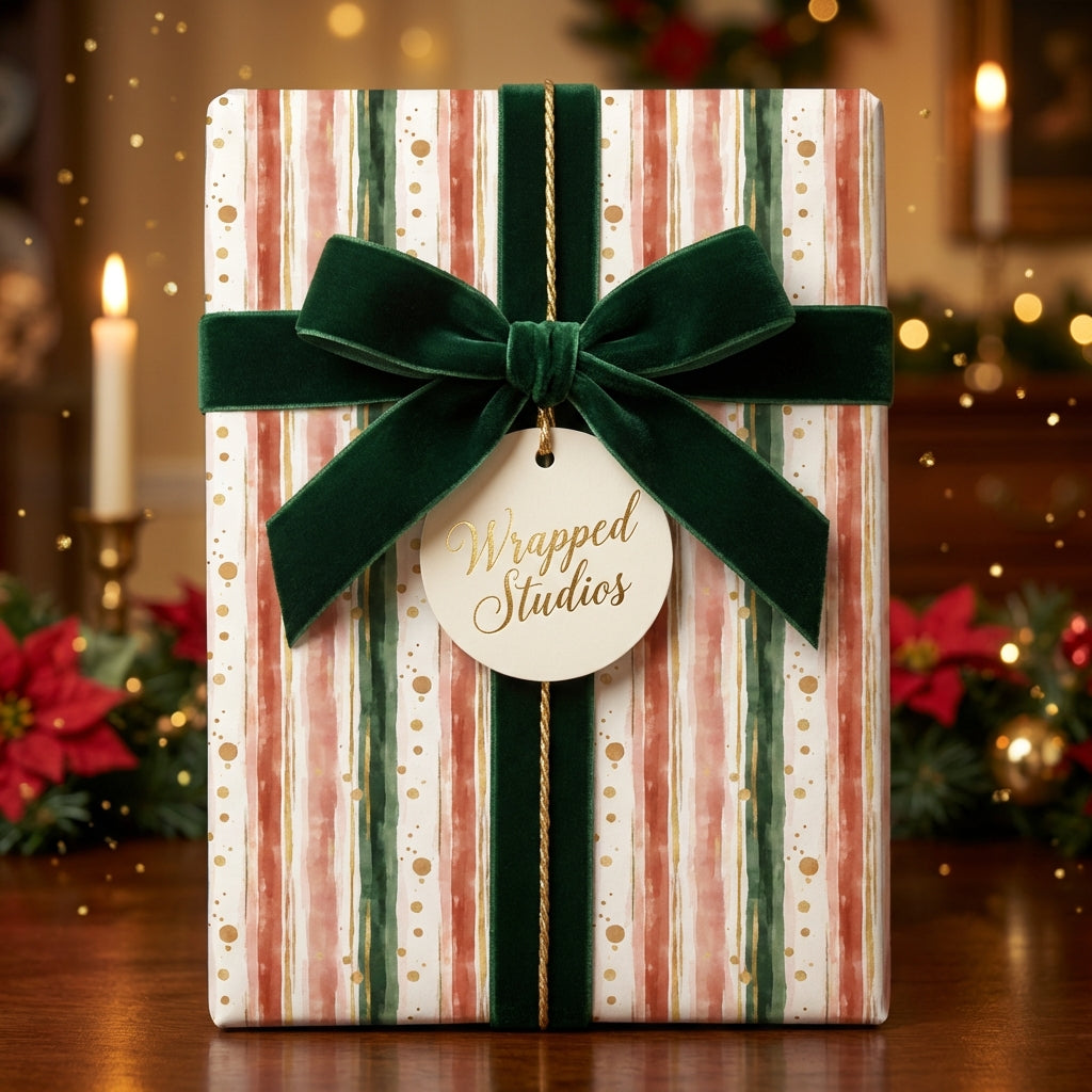 Striped Christmas wrapping paper with gold dots, velvet ribbon, and Wrapped Studios tag.