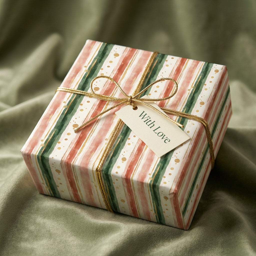 Striped holiday wrapping paper in green and coral with gold dots, tied with gold string and a tag that says "With Love."