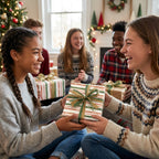 Friends exchanging gifts wrapped in striped Christmas gift wrap with olive green ribbons.