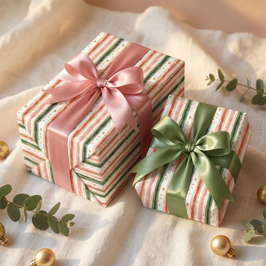 Striped Christmas gift wrap with pink and green ribbons, from Wrapped Studios.