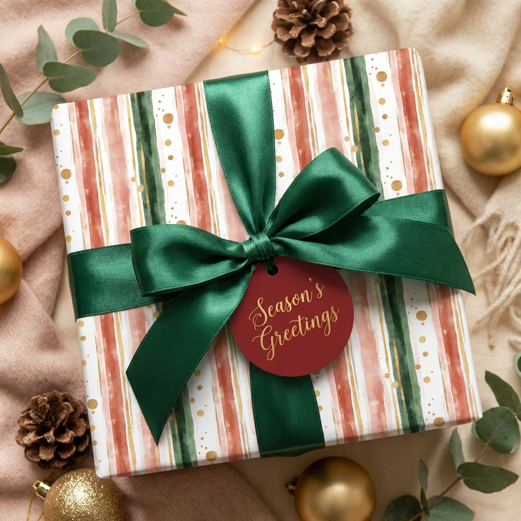 Festive "Season's Greetings" gift with striped watercolor wrapping paper and green satin ribbon.