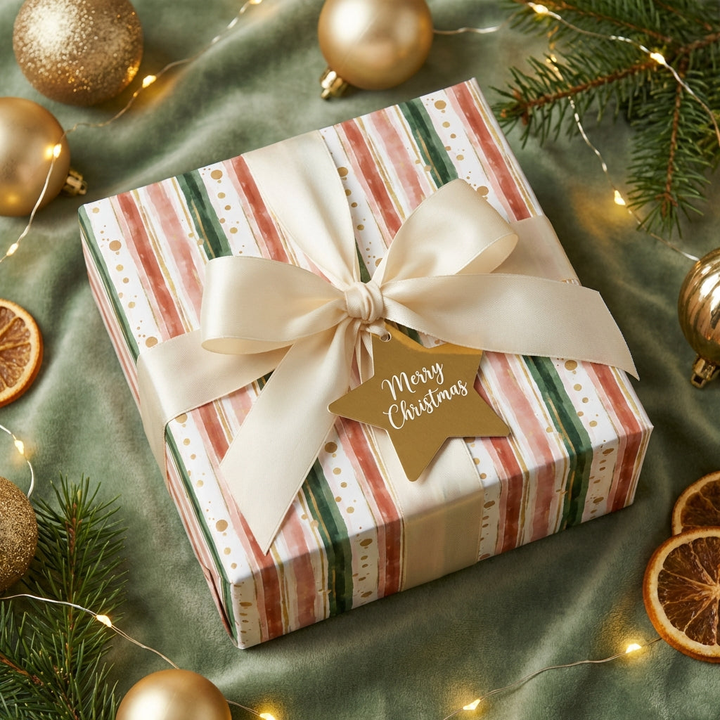 Elegant Christmas gift wrapped in watercolor stripe paper with a cream ribbon and gold star tag.
