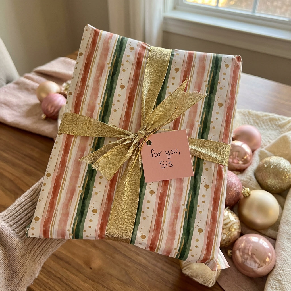 Striped Christmas wrapping paper with a gold ribbon and "For you, Sis" tag.