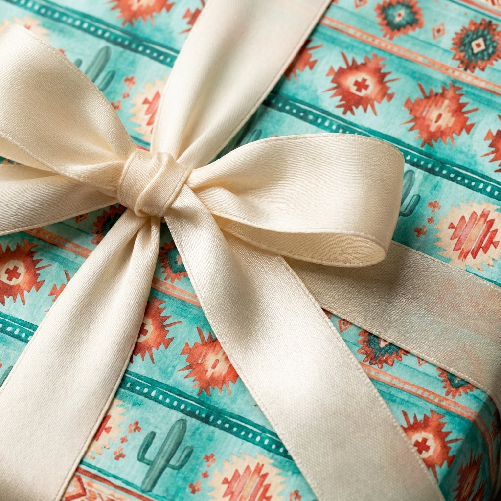 Southwestern cactus wrapping paper in teal and terracotta with a cream satin bow by Wrapped Studios.