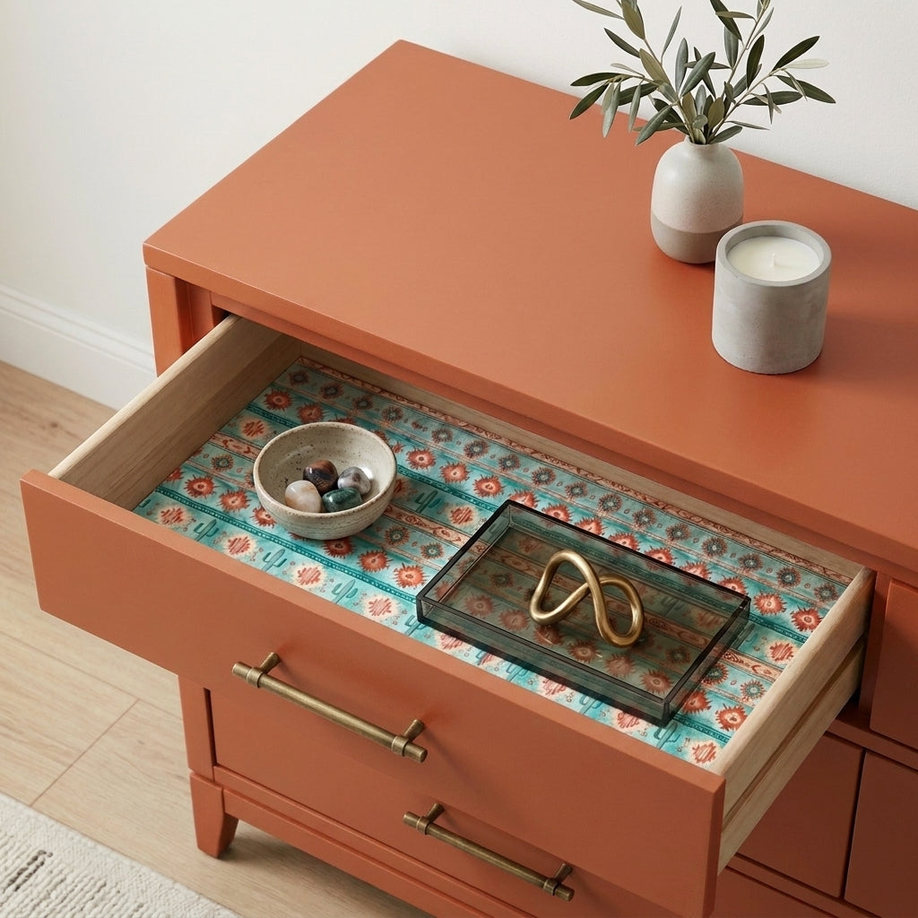 Southwest cactus wrapping paper used as a drawer liner in a modern terracotta dresser by Wrapped Studios.