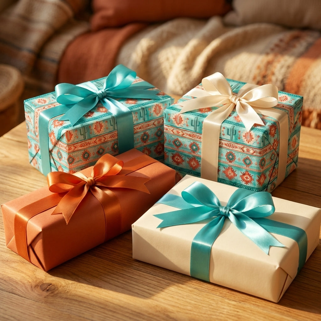 Southwest wrapping paper with boho teal and orange cactus patterns on gift boxes by Wrapped Studios.