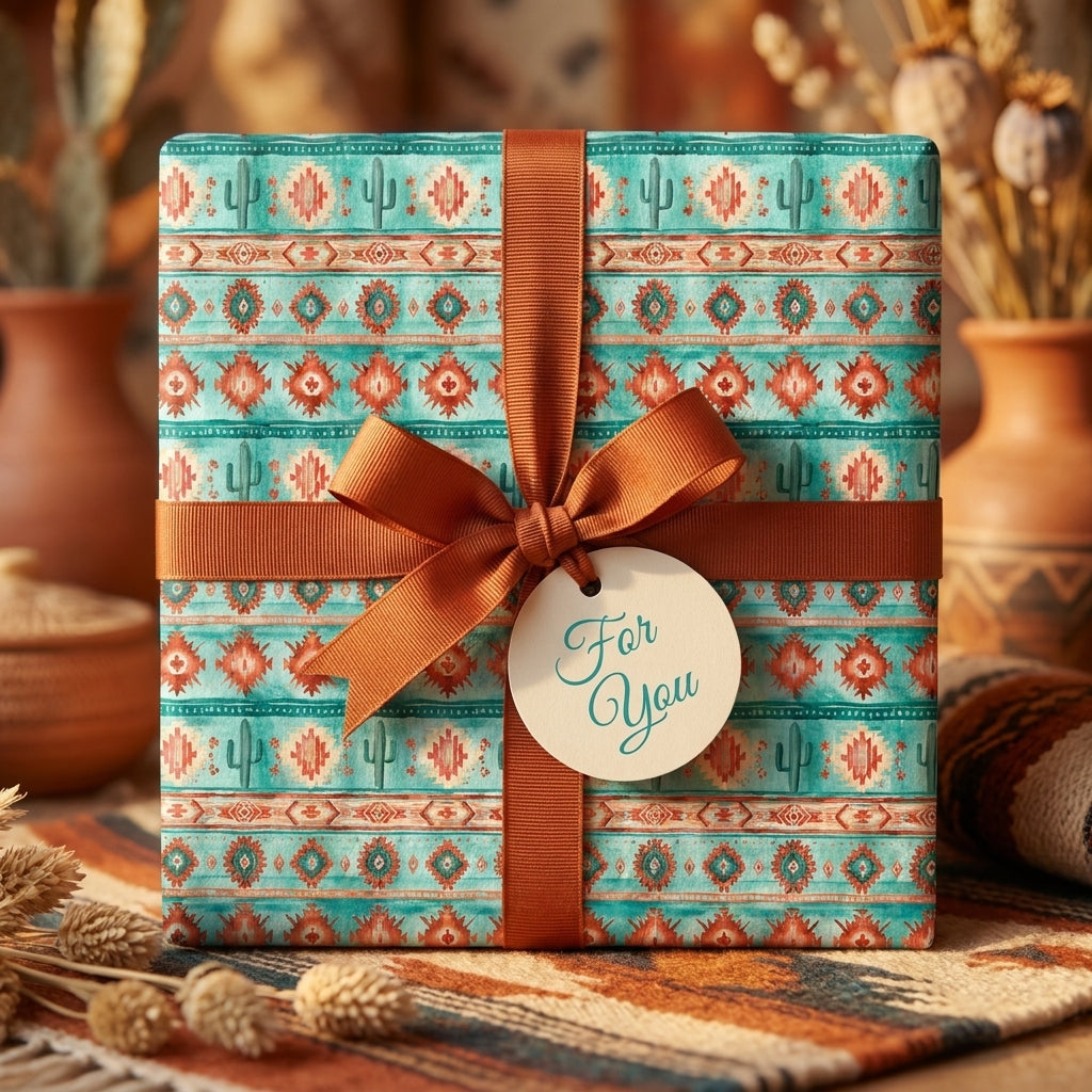 Boho southwest wrapping paper in turquoise and terracotta with a rust ribbon gift bow by Wrapped Studios.