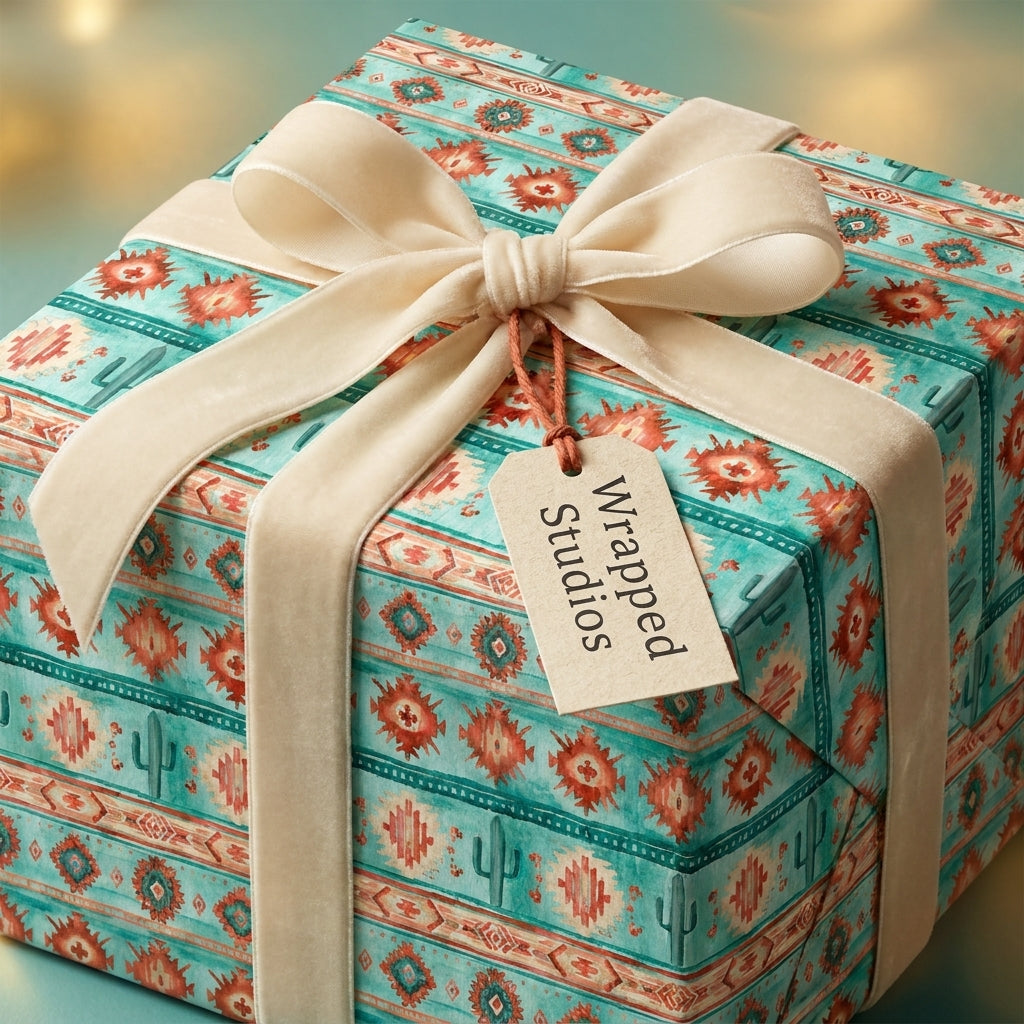Southwestern boho gift wrap in teal and terracotta with a cream velvet bow by Wrapped Studios.