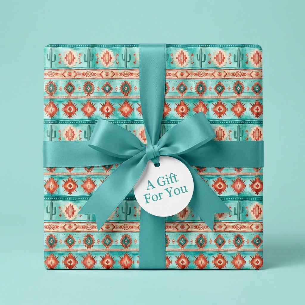 Southwest boho gift wrap with turquoise cactus patterns, teal satin ribbon, and gift tag by Wrapped Studios.