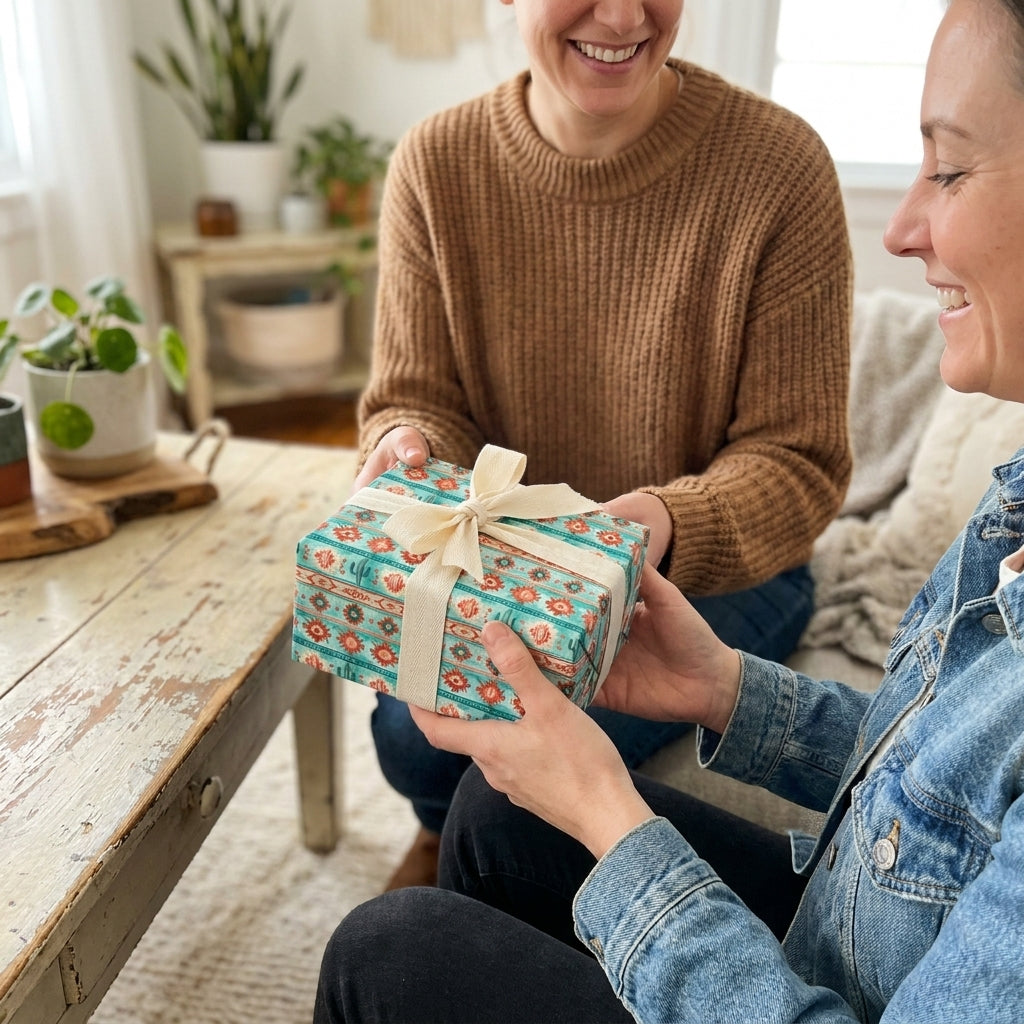 Teal southwest cactus wrapping paper with a cream bow on a gift being exchanged. Wrapped Studios.