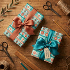 Rustic southwestern wrapping paper in teal and rust with satin ribbons by Wrapped Studios.