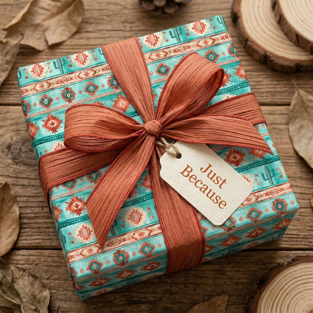 Rustic southwest gift wrap in turquoise and terracotta with a raffia bow, by Wrapped Studios.