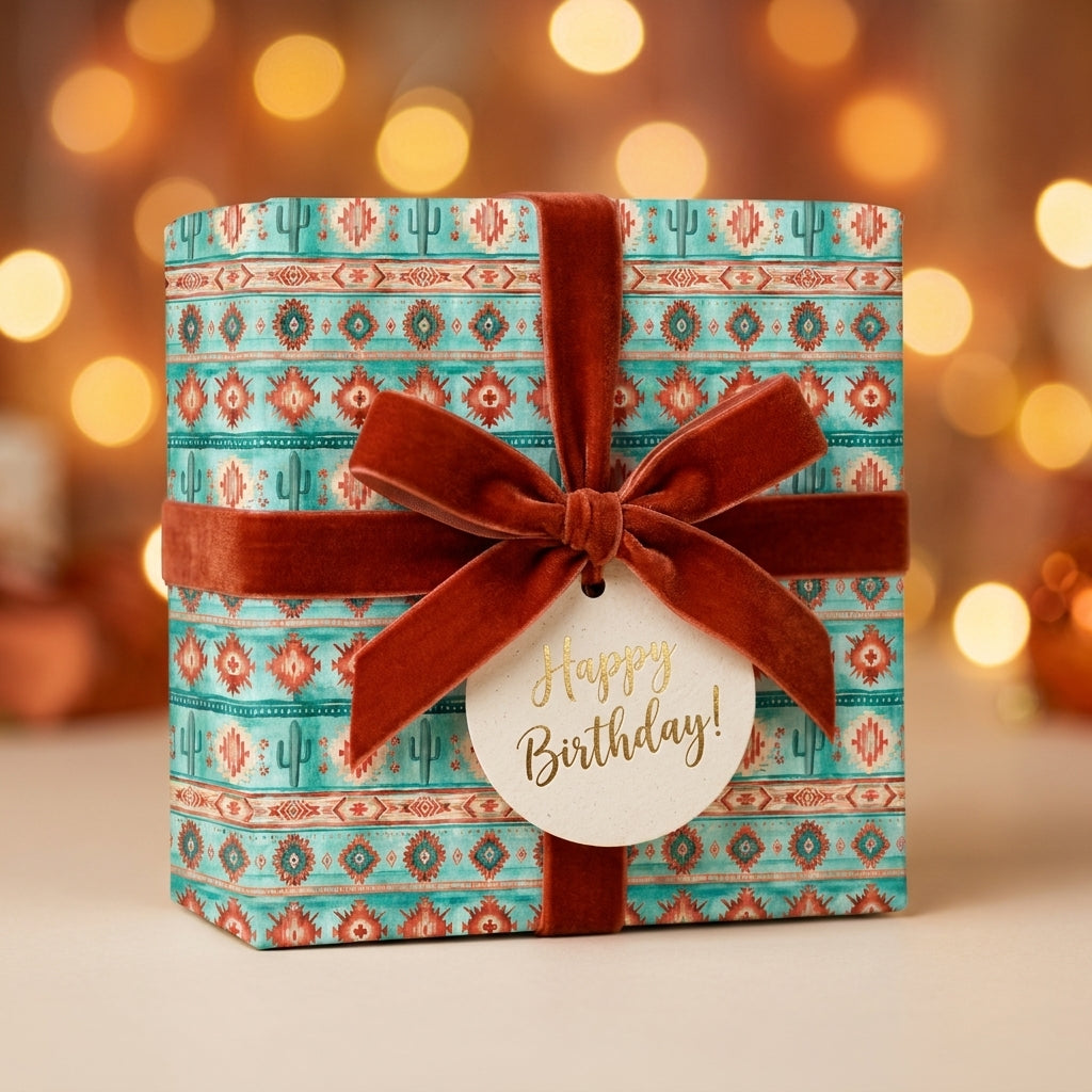Teal and terracotta Southwest cactus birthday wrapping paper with rust velvet bow by Wrapped Studios.
