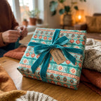 Boho southwestern wrapping paper with teal velvet ribbon on a gift box by Wrapped Studios.