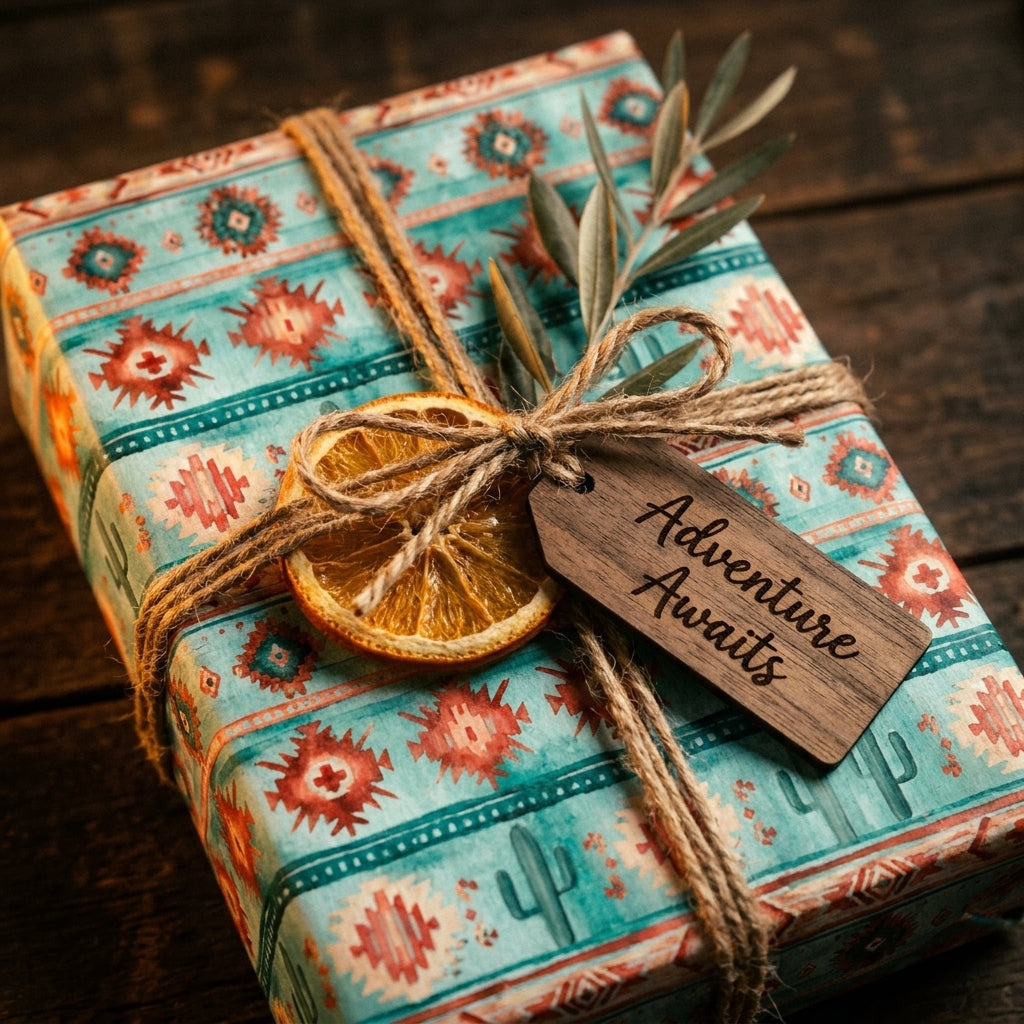 Rustic Southwestern wrapping paper by Wrapped Studios with teal desert patterns, twine, and a dried orange.