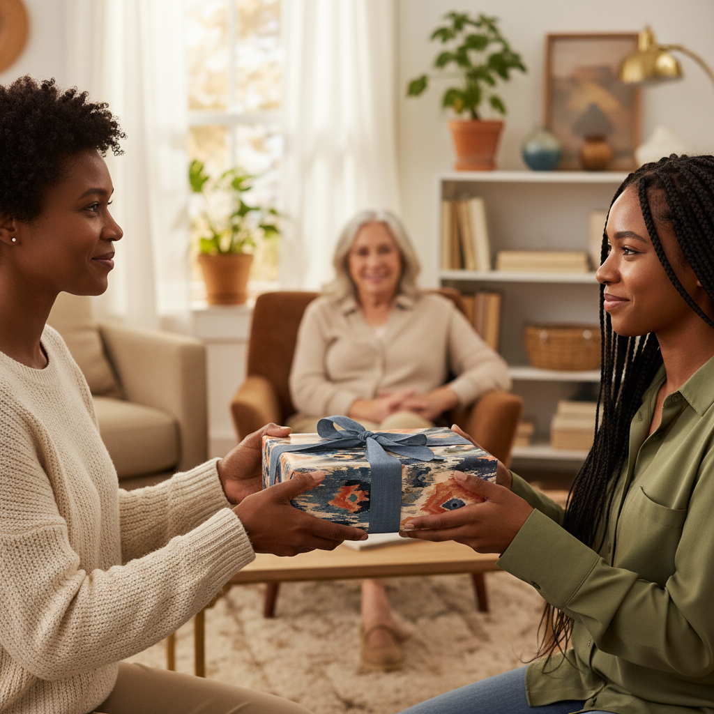 Elegant women exchange a beautifully wrapped gift box with blue ribbon, featuring a sophisticated floral pattern, perfect for luxury birthday or holiday gifting.