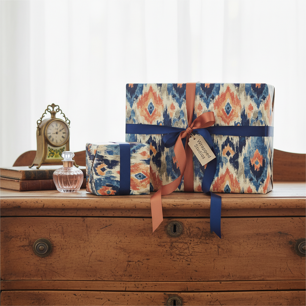 Boho tribal print wrapping paper in warm orange, blue, and cream, tied with navy and rust ribbons on a rustic wooden dresser.