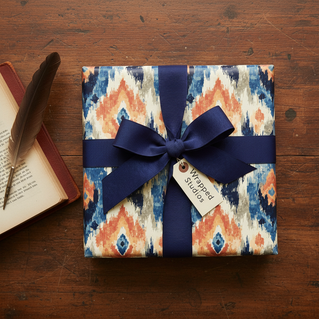 Artisan ikat pattern gift wrap with a navy blue ribbon and "Wrapped Studios" tag on a rustic wooden desk with a quill and old book.
