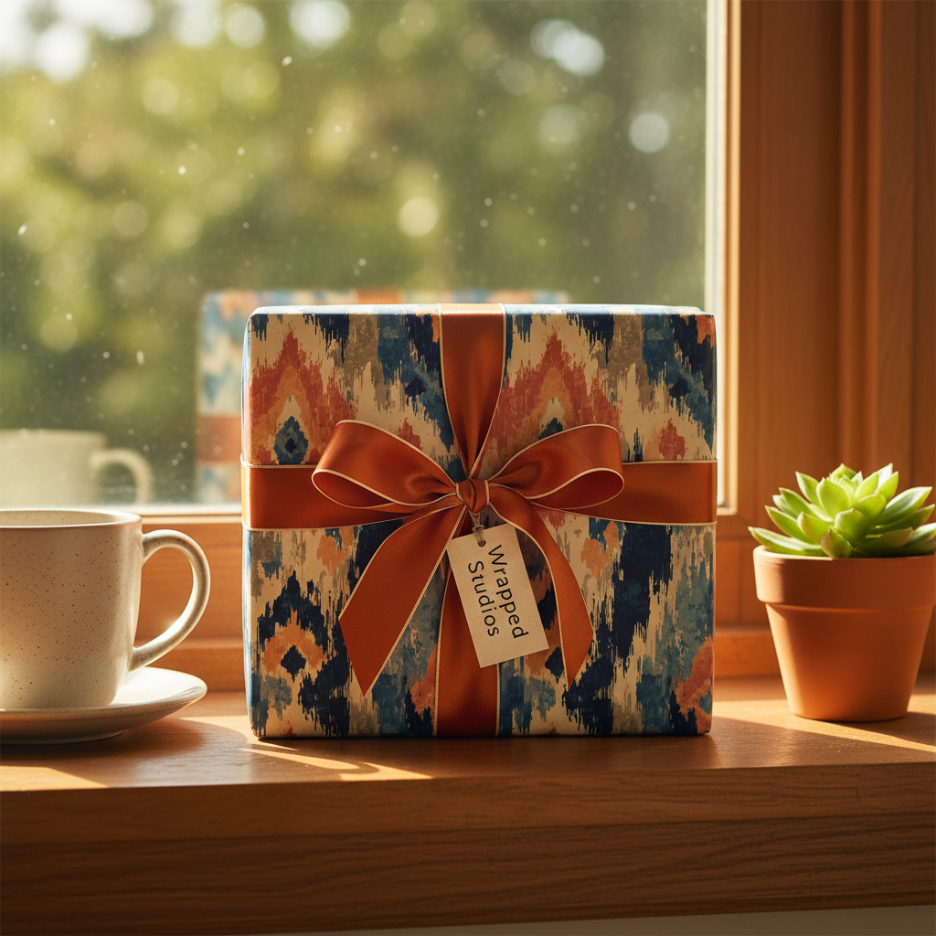Boho tribal luxury gift wrap with orange ribbon and tag, on a sunlit wooden windowsill with a mug and succulent.