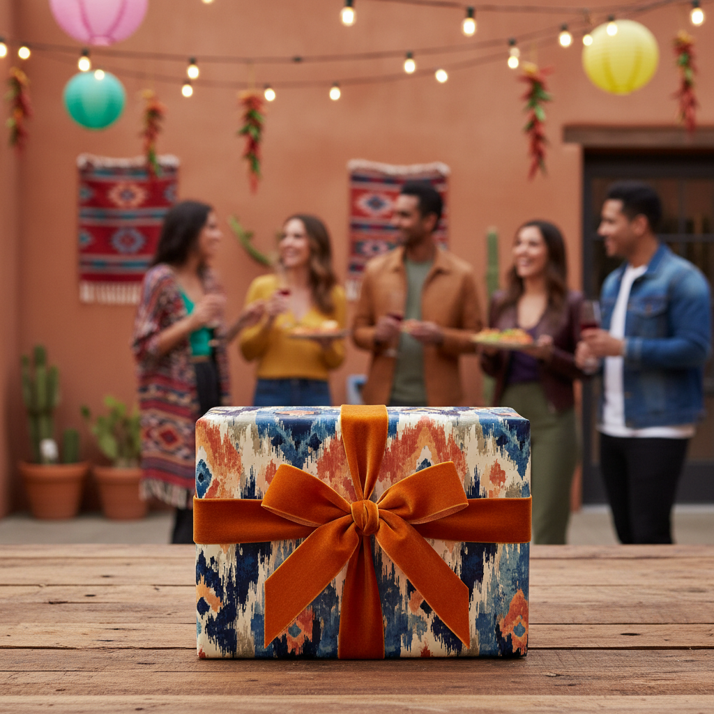 Abstract tribal pattern gift wrap with an orange velvet ribbon bow on a wooden table, at an outdoor party.