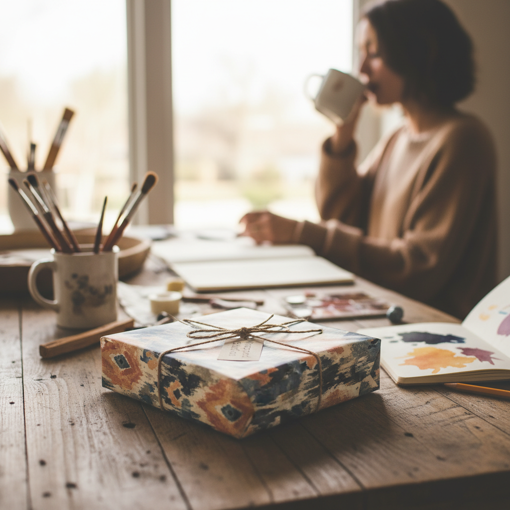 Abstract watercolor gift wrap with twine bow on a rustic wooden table, an artist sips coffee in a sunlit room.