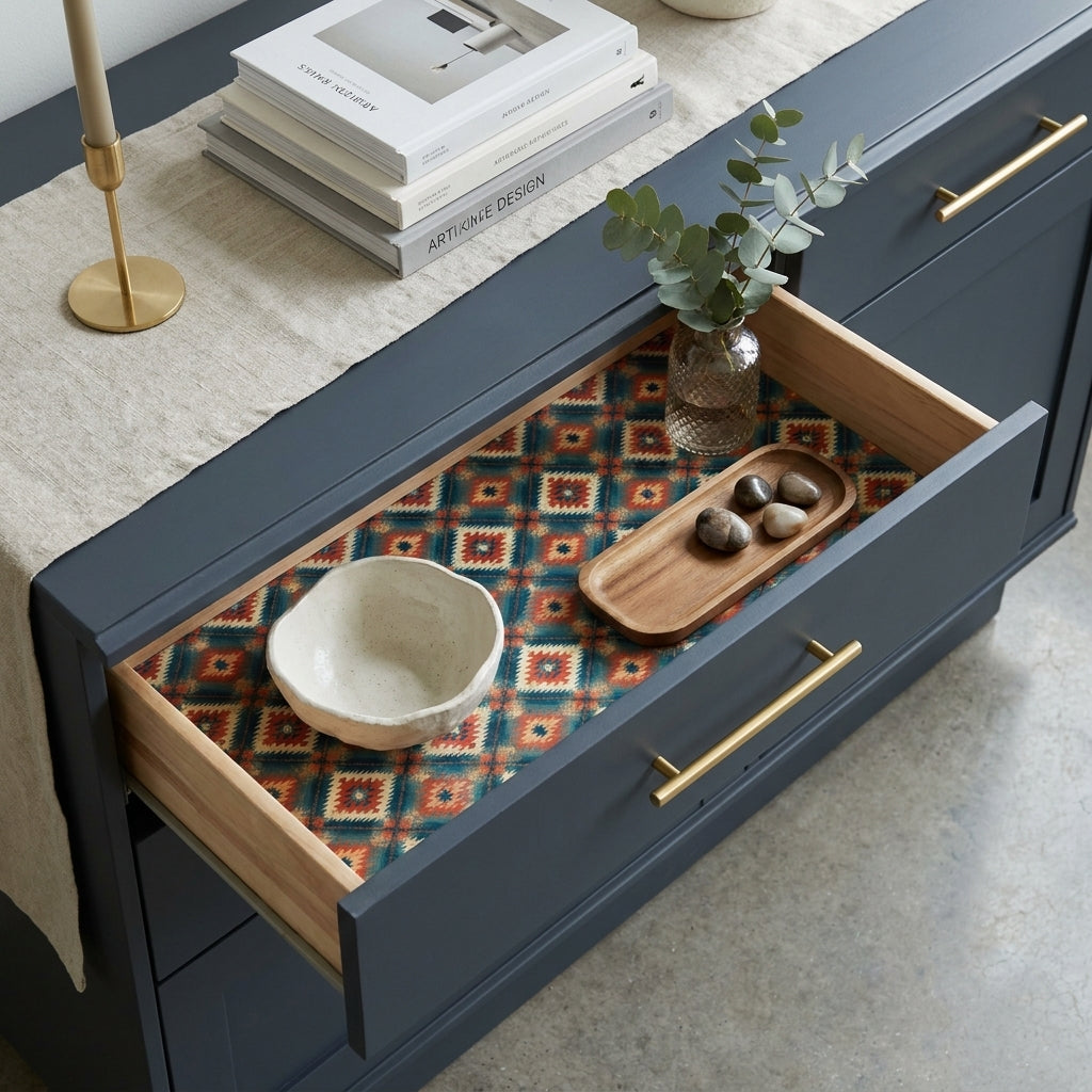 Southwestern geometric wrapping paper used as a drawer liner in a blue dresser by Wrapped Studios.