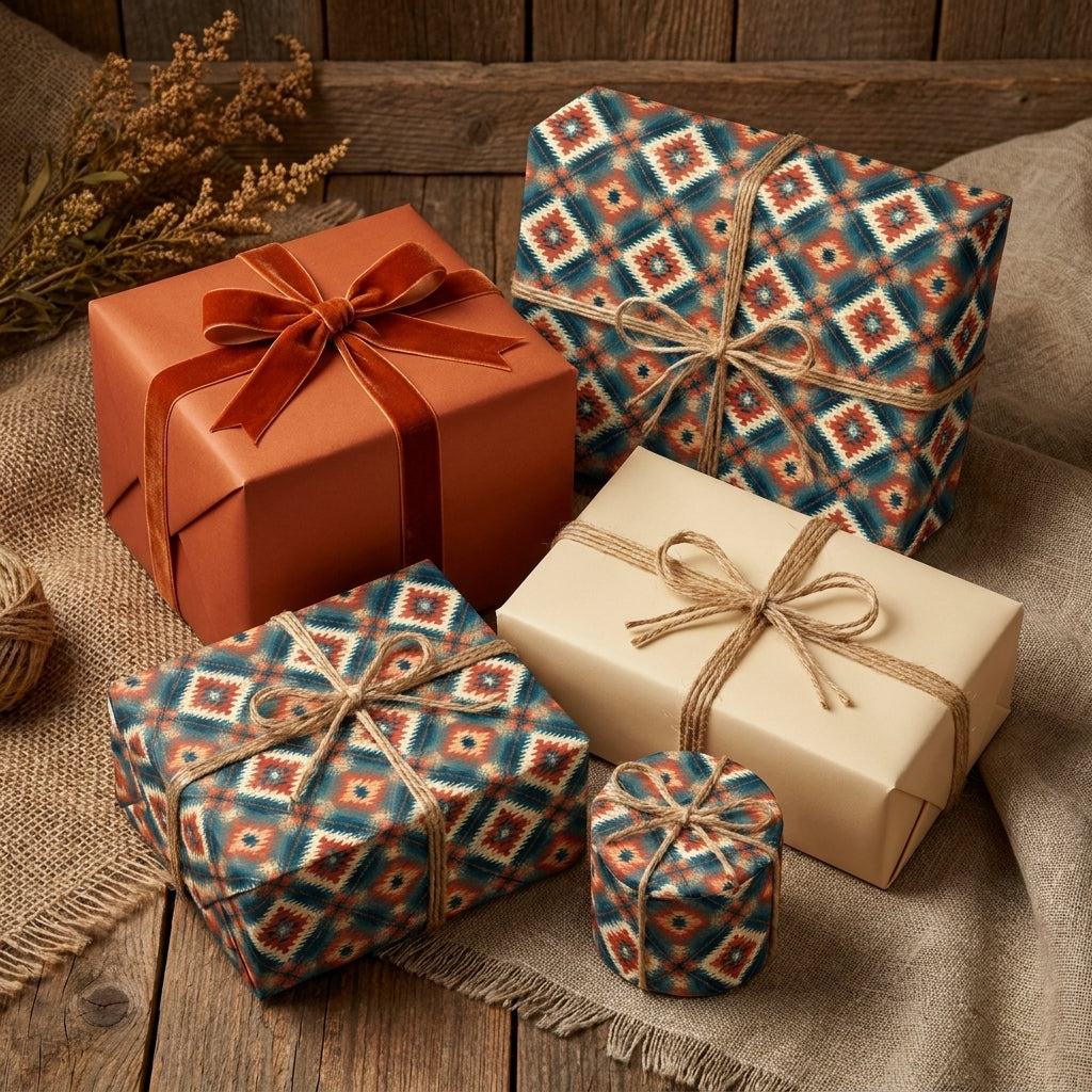 Rustic Southwest wrapping paper with geometric patterns and terracotta gift wrap by Wrapped Studios.