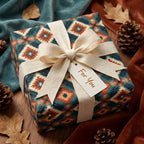 Rustic southwestern wrapping paper in teal and terracotta with cream ribbon, by Wrapped Studios.