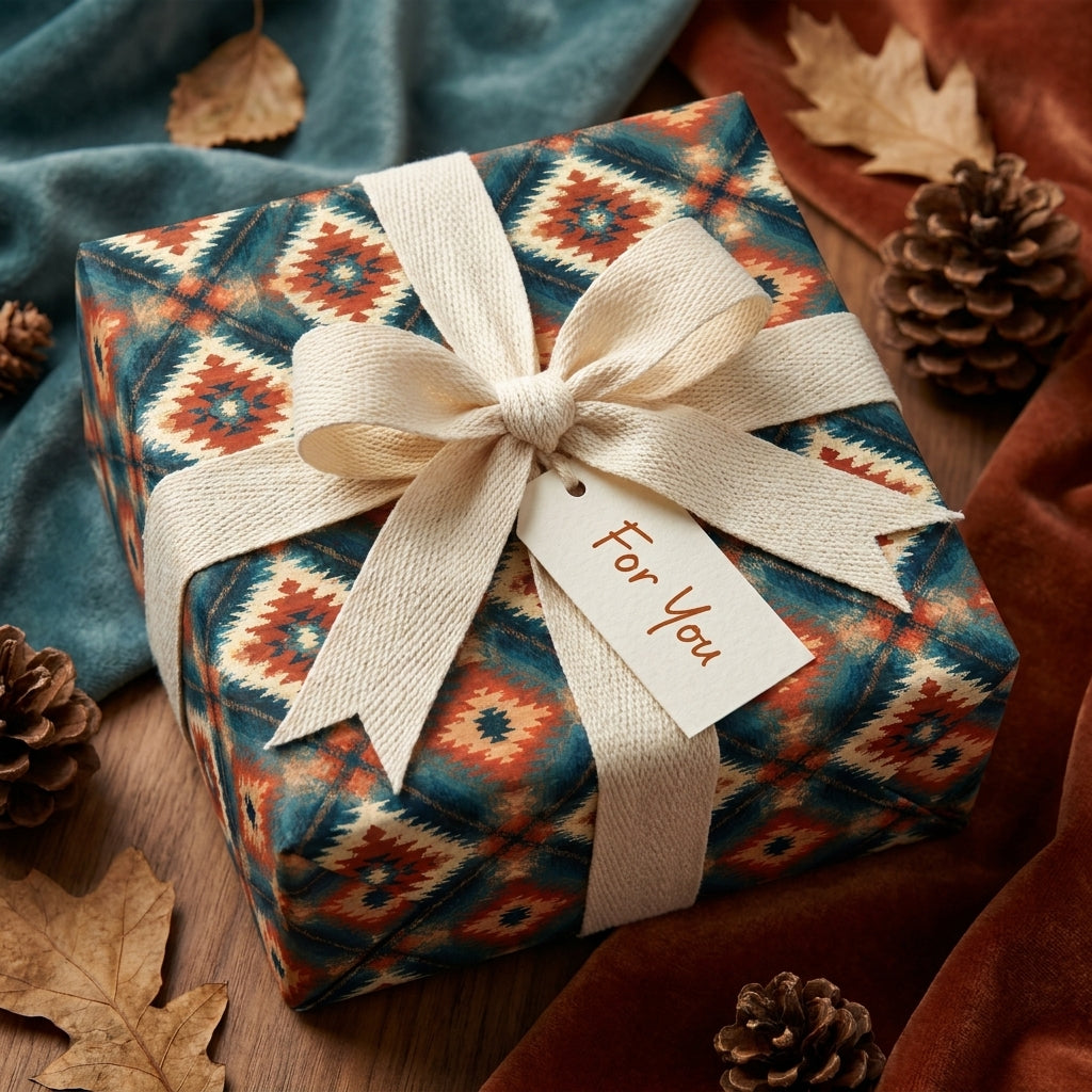 Rustic southwestern wrapping paper in teal and terracotta with cream ribbon, by Wrapped Studios.