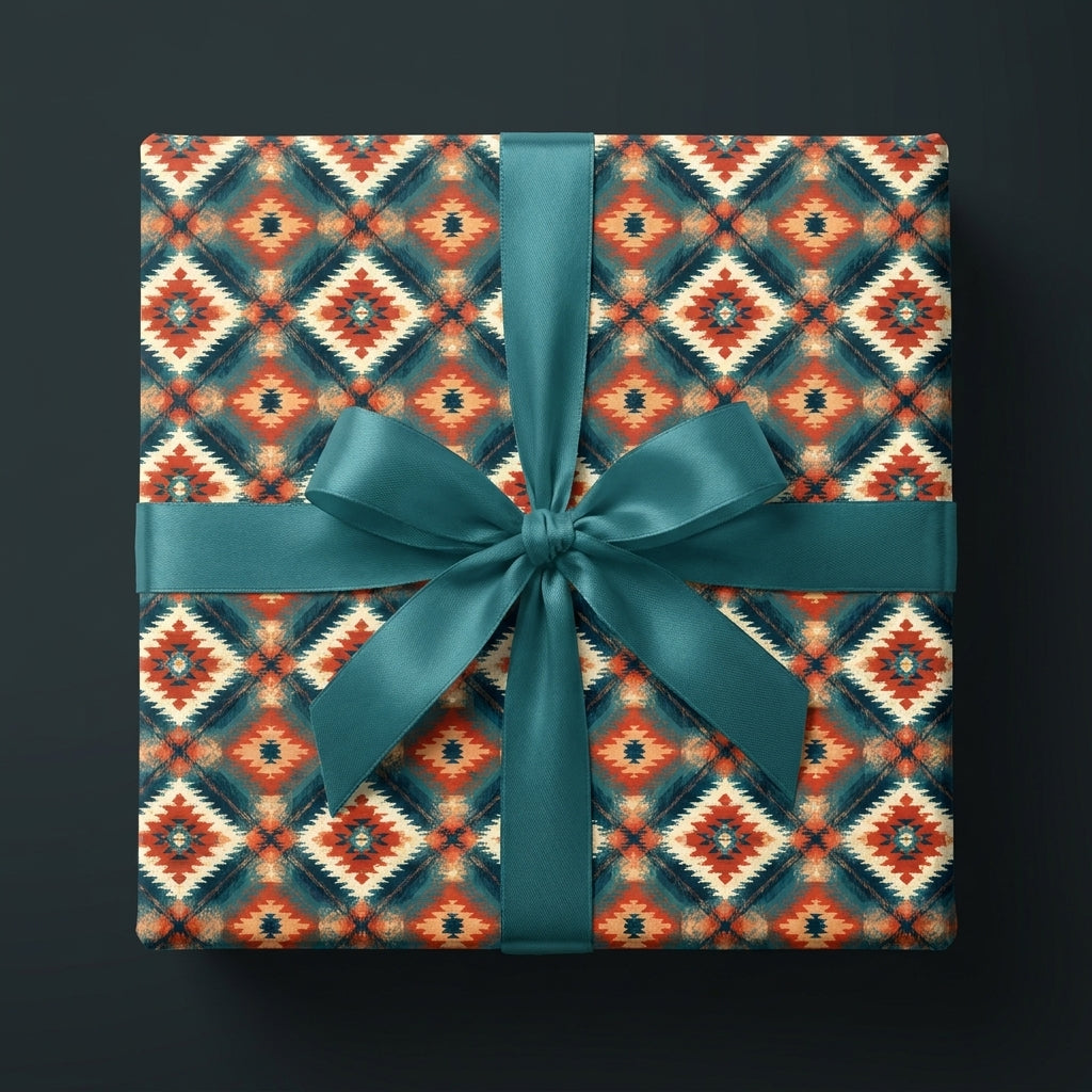 Rustic Southwest wrapping paper in teal and orange with a satin ribbon bow by Wrapped Studios.