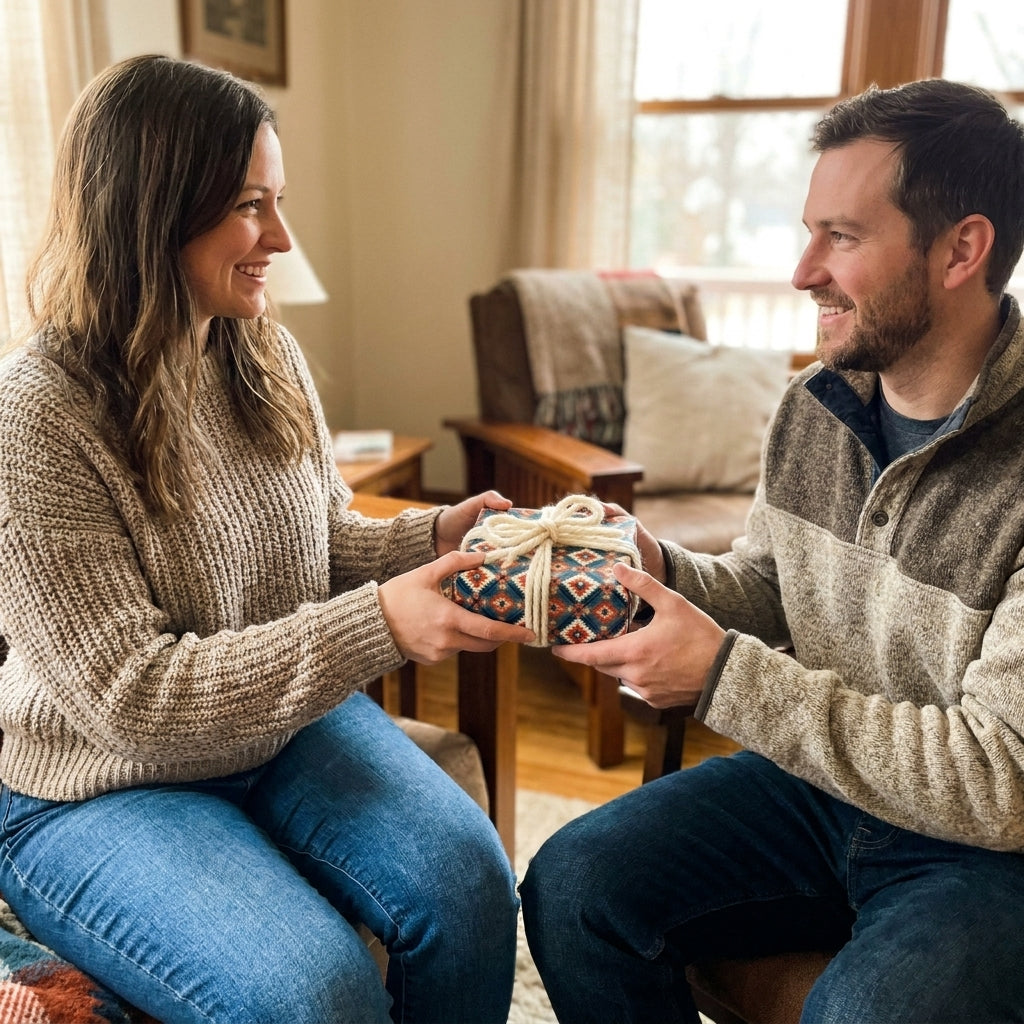 Couple exchanging a gift wrapped in boho geometric wrapping paper by Wrapped Studios.
