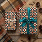 Southwestern wrapping paper in teal and rust orange on rustic holiday gifts by Wrapped Studios.