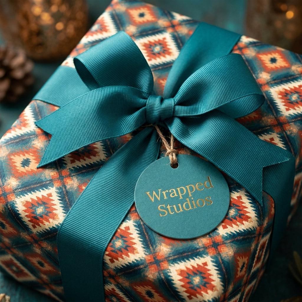 Southwest boho wrapping paper in teal and terracotta with a ribbon bow, by Wrapped Studios.