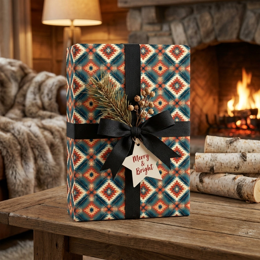 Southwestern Christmas wrapping paper by Wrapped Studios on a gift box with black ribbon by a cozy fireplace.