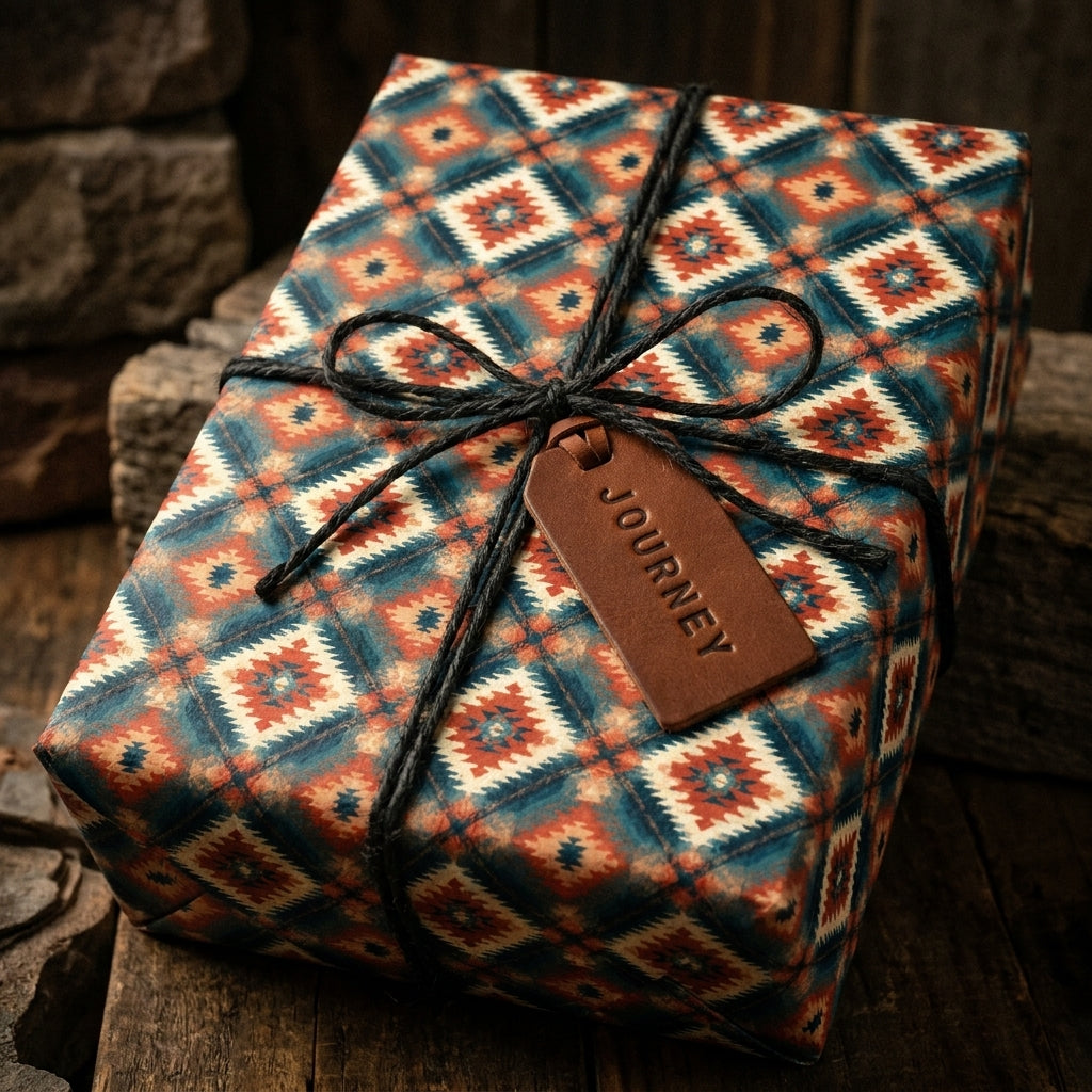 Rustic southwestern wrapping paper in teal and rust with a leather tag by Wrapped Studios.