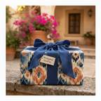 Luxury ikat pattern wrapping paper with a blue ribbon and "Wrapped Studios" tag, perfect for sophisticated gifts.