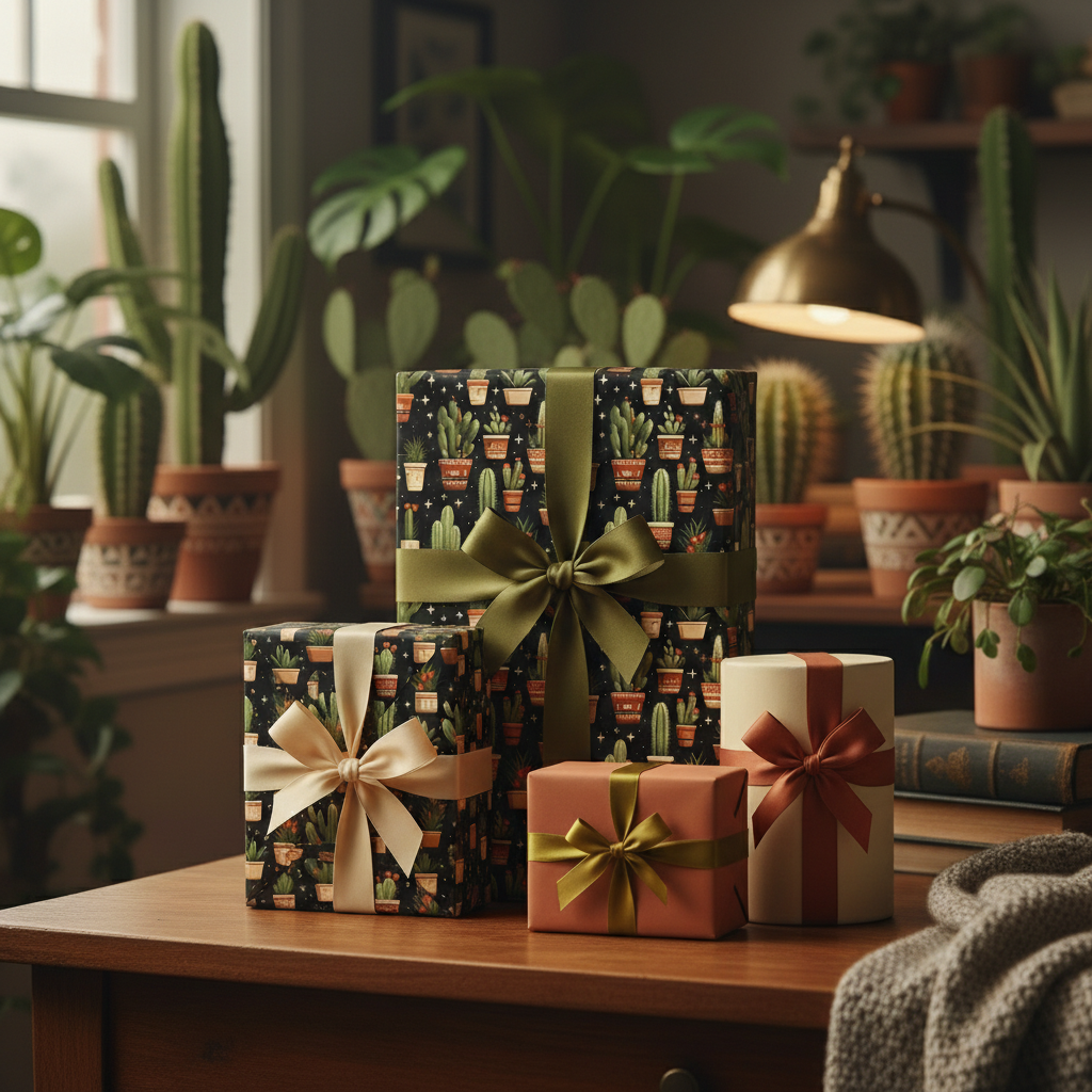 Gifts wrapped in botanical cactus wrapping paper with ribbon bows in earthy, cozy home setting.