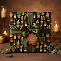 Elegant cactus print wrapping paper with olive green ribbon on a square gift box.