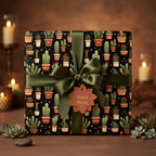 Elegant cactus print wrapping paper with olive green ribbon on a square gift box.