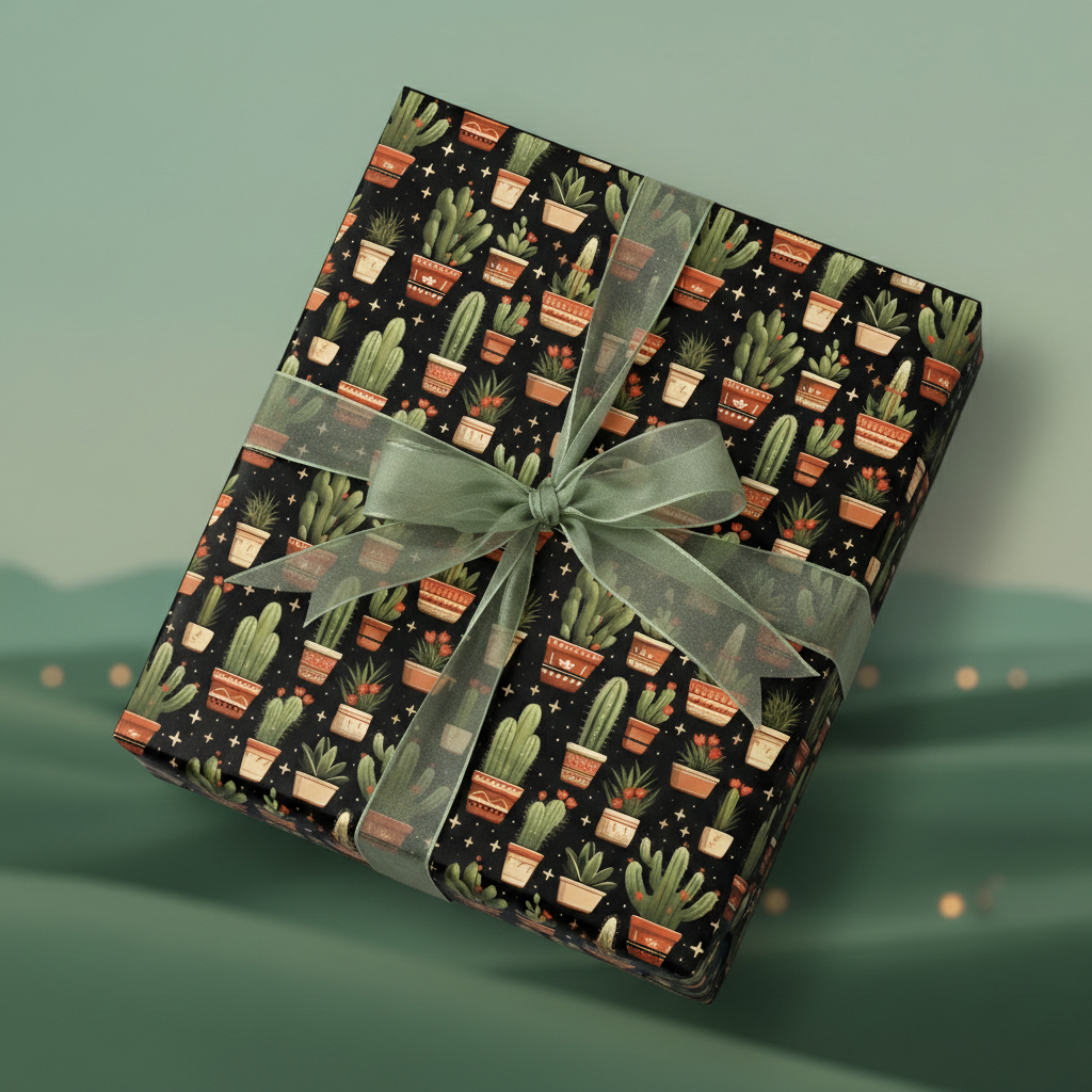 Gift box wrapped in cactus pattern wrapping paper with sheer sage green ribbon.