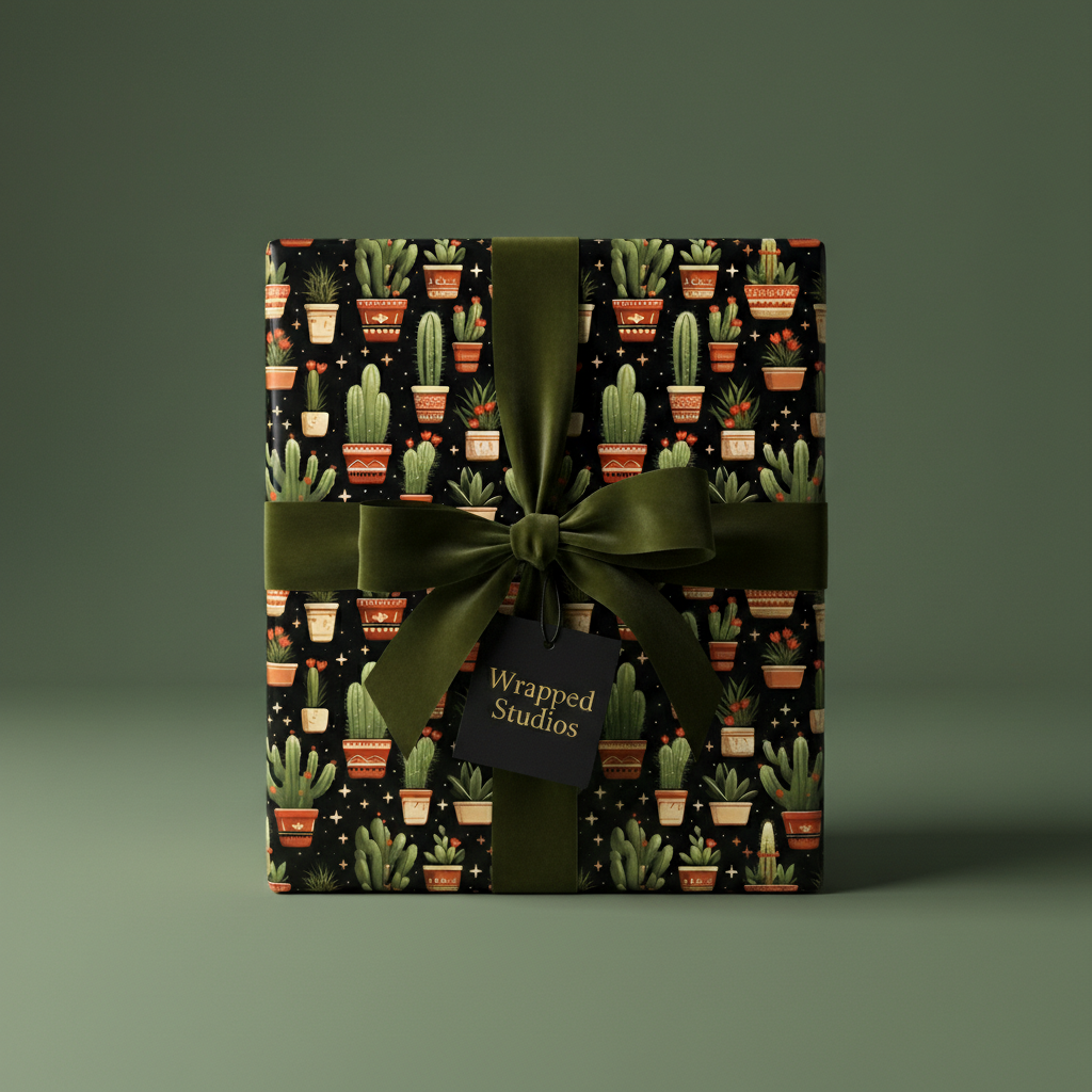 Gift wrapped in cactus print wrapping paper with green velvet ribbon for a modern Southwestern style.
