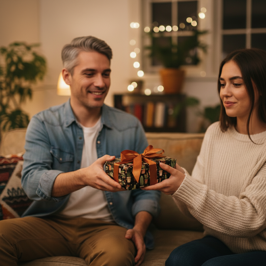 Woman receives a present wrapped in cactus-themed birthday wrapping paper with a bronze ribbon.