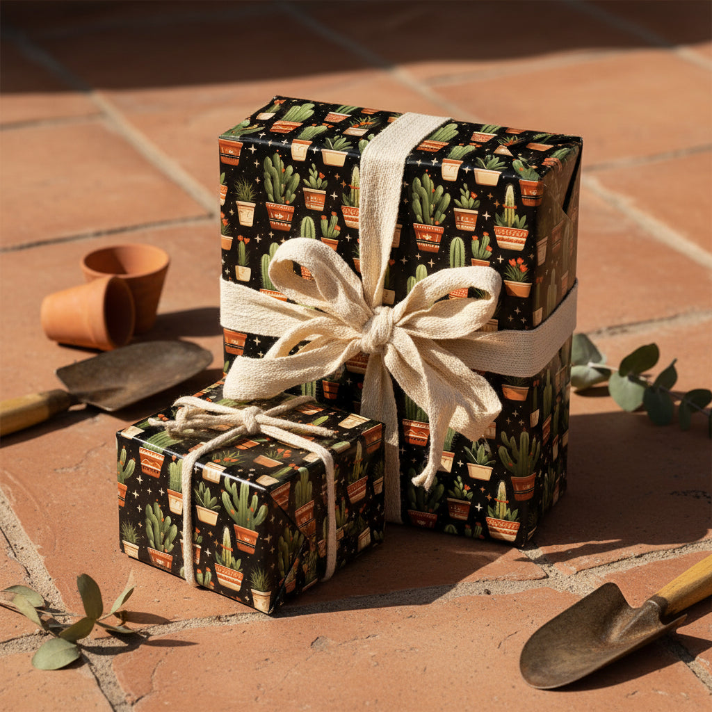 Gifts wrapped in fun cactus pattern wrapping paper, tied with rustic string and ribbon.